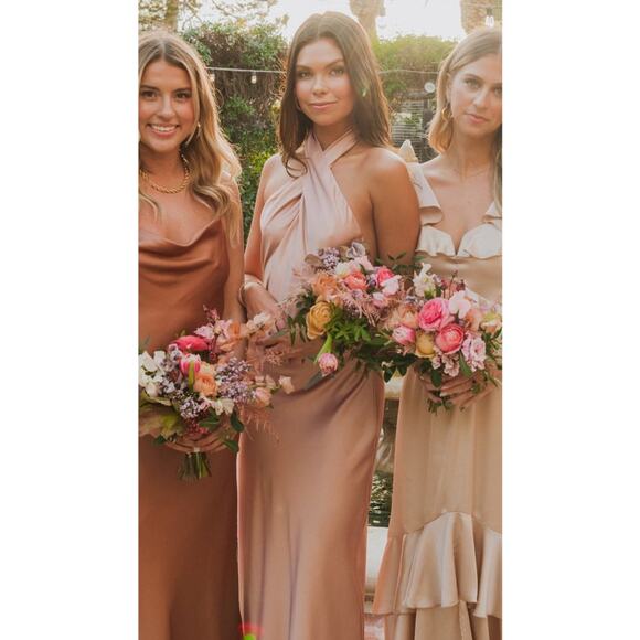 Show Me Your Mumu Jasmine Halter Maxi Dress Rose Gold Luxe Satin L - Picture 1 of 10